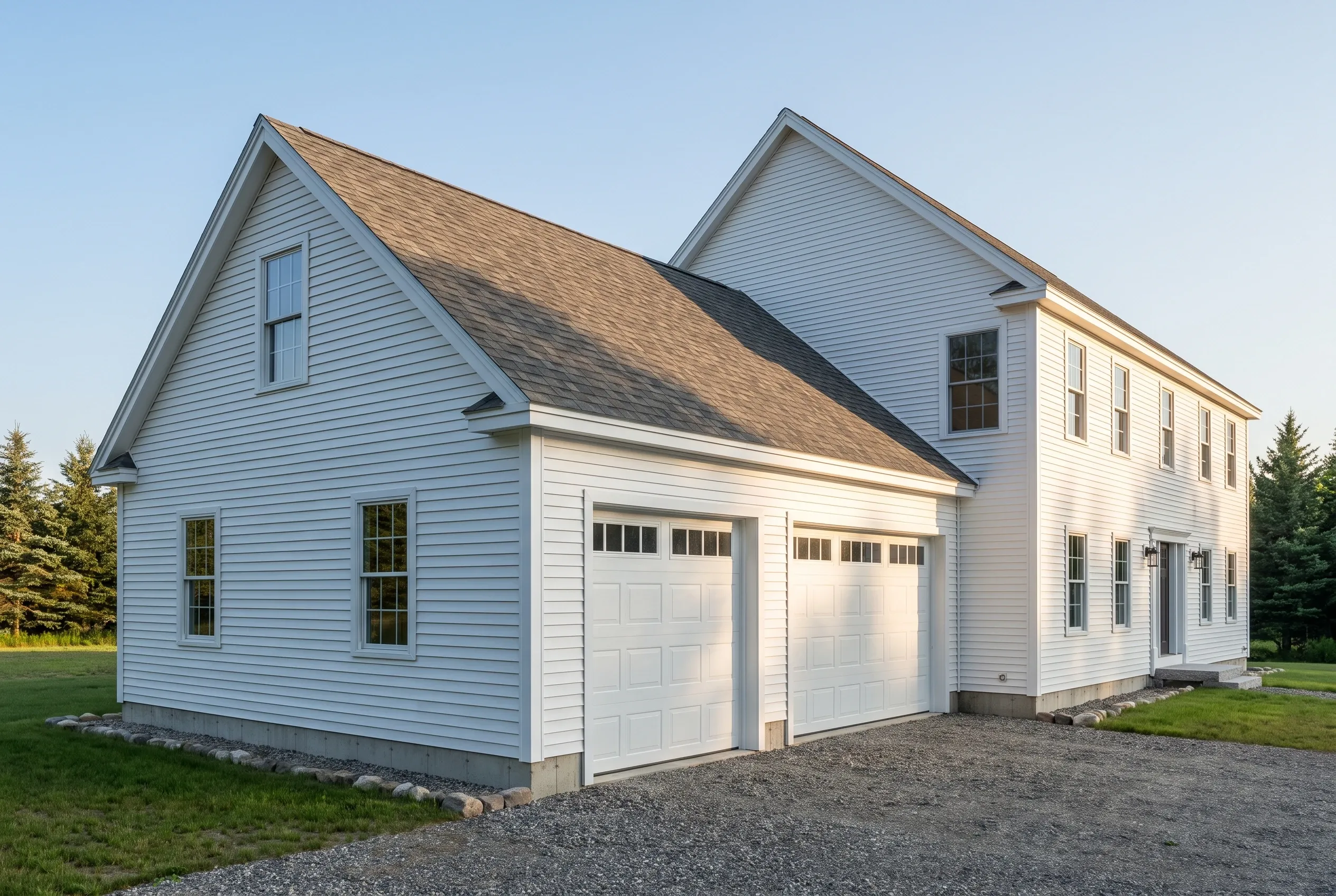 Two-bay detached garage in Augusta, ME: White two-bay garage with light blue siding, tan shingled roof, and attached two-story house on gravel driveway surrounded by green lawn and evergreen trees.