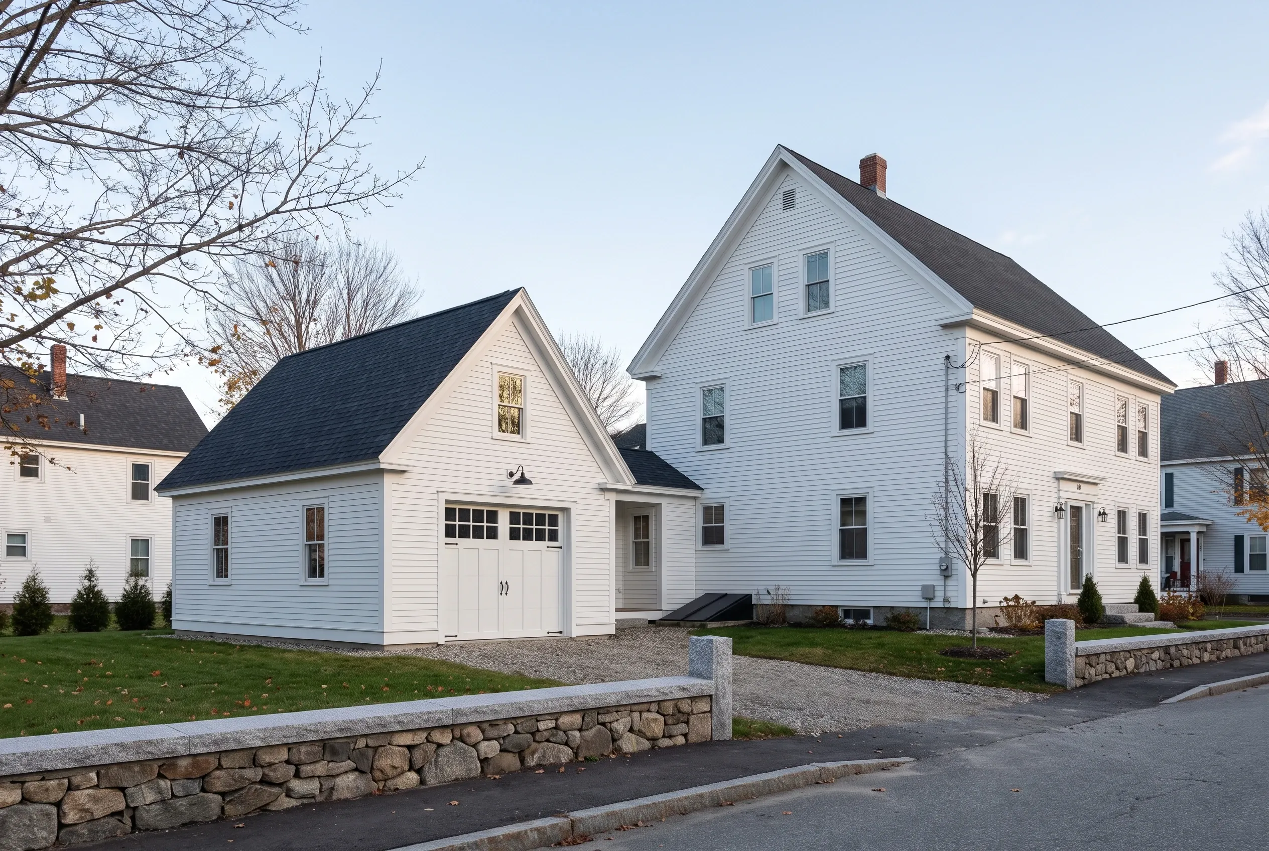Detached two-bay garage in Augusta, Maine: White vinyl sided garage with dark roof next to large white farmhouse, stone wall and driveway in foreground, bare trees, clear sky.