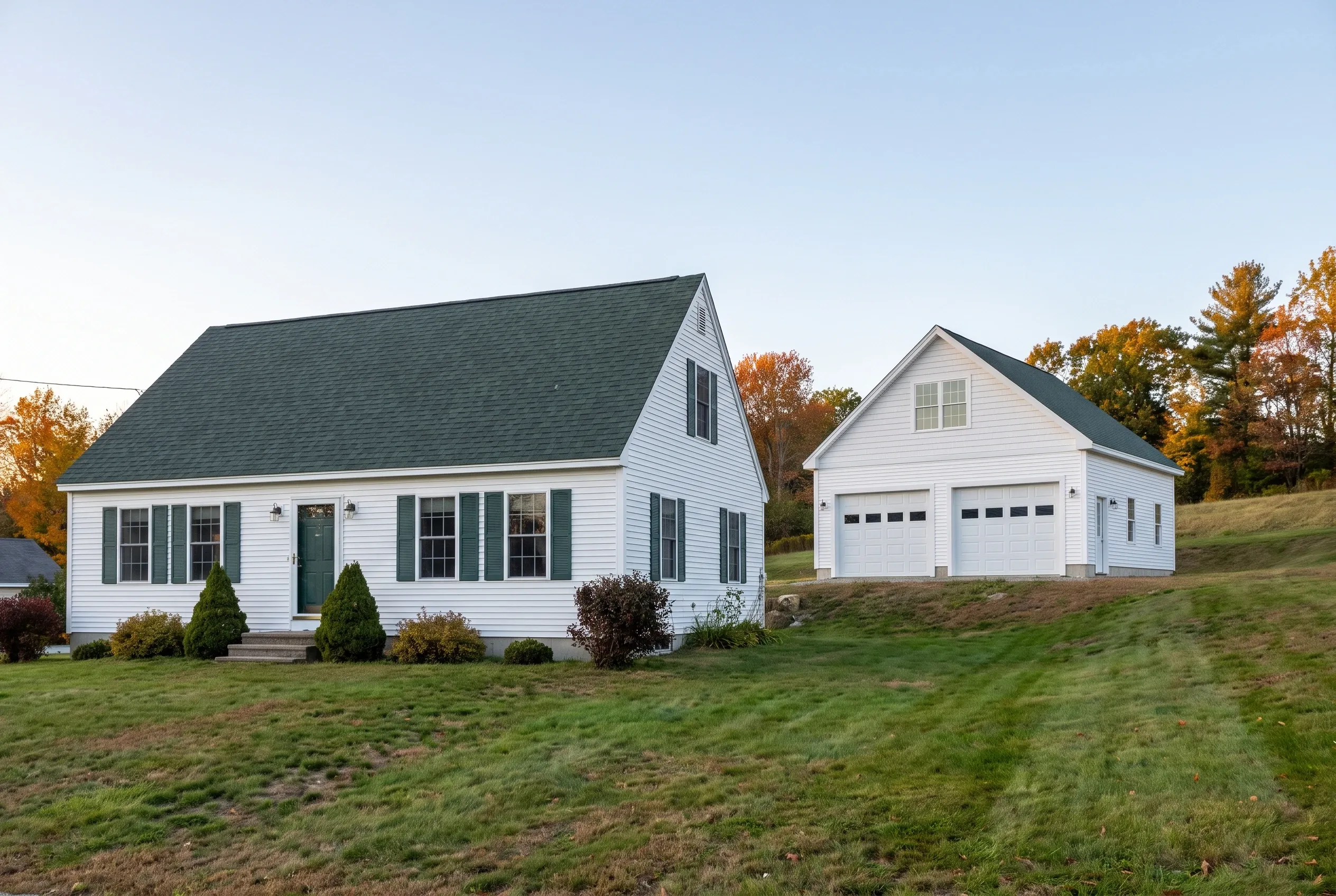 Two-bay detached garage in Augusta, Maine: White two-bay garage with dark roof situated on sloped grassy lawn with autumn trees in background.