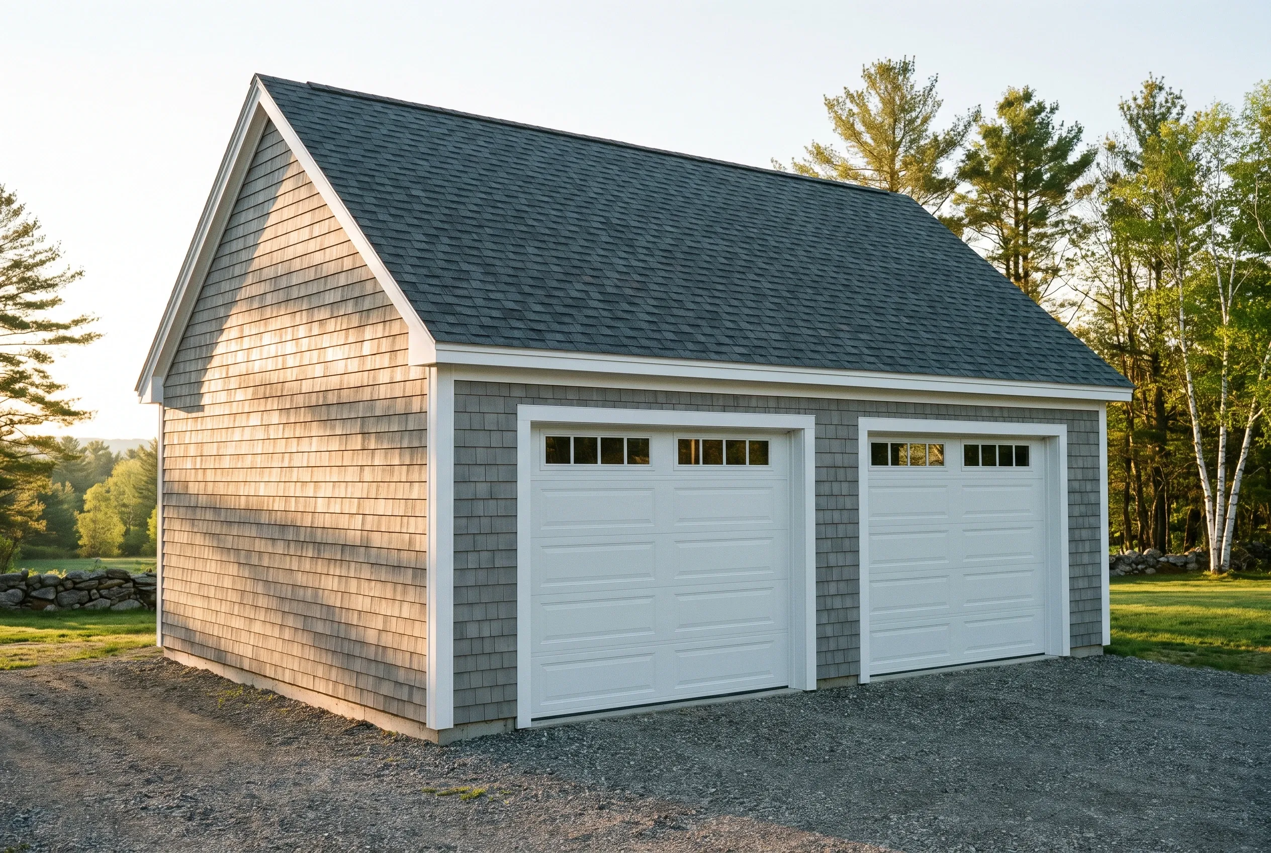 Garage builders in Augusta, ME: Two-bay garage with cedar shake siding, white trim, gray shingle roof, situated on gravel driveway with trees and grass in background.