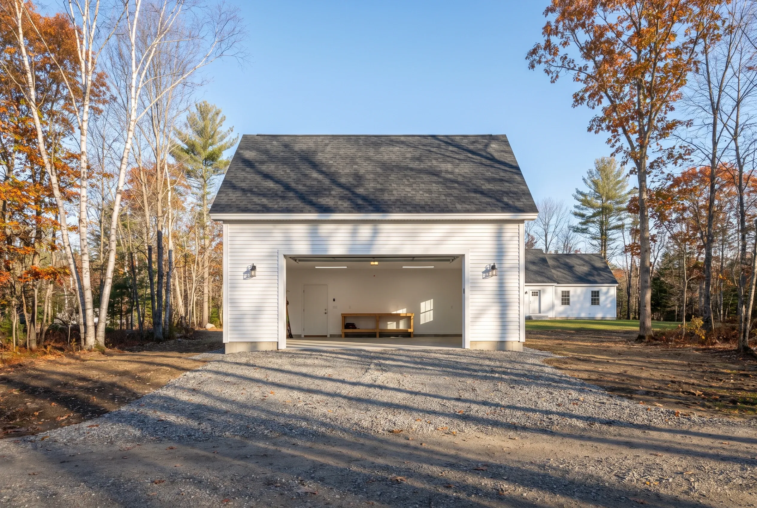 Two-bay detached garage in Augusta, ME: White vinyl-sided garage with dark shingle roof and open garage door revealing interior, surrounded by autumn trees on gravel driveway.