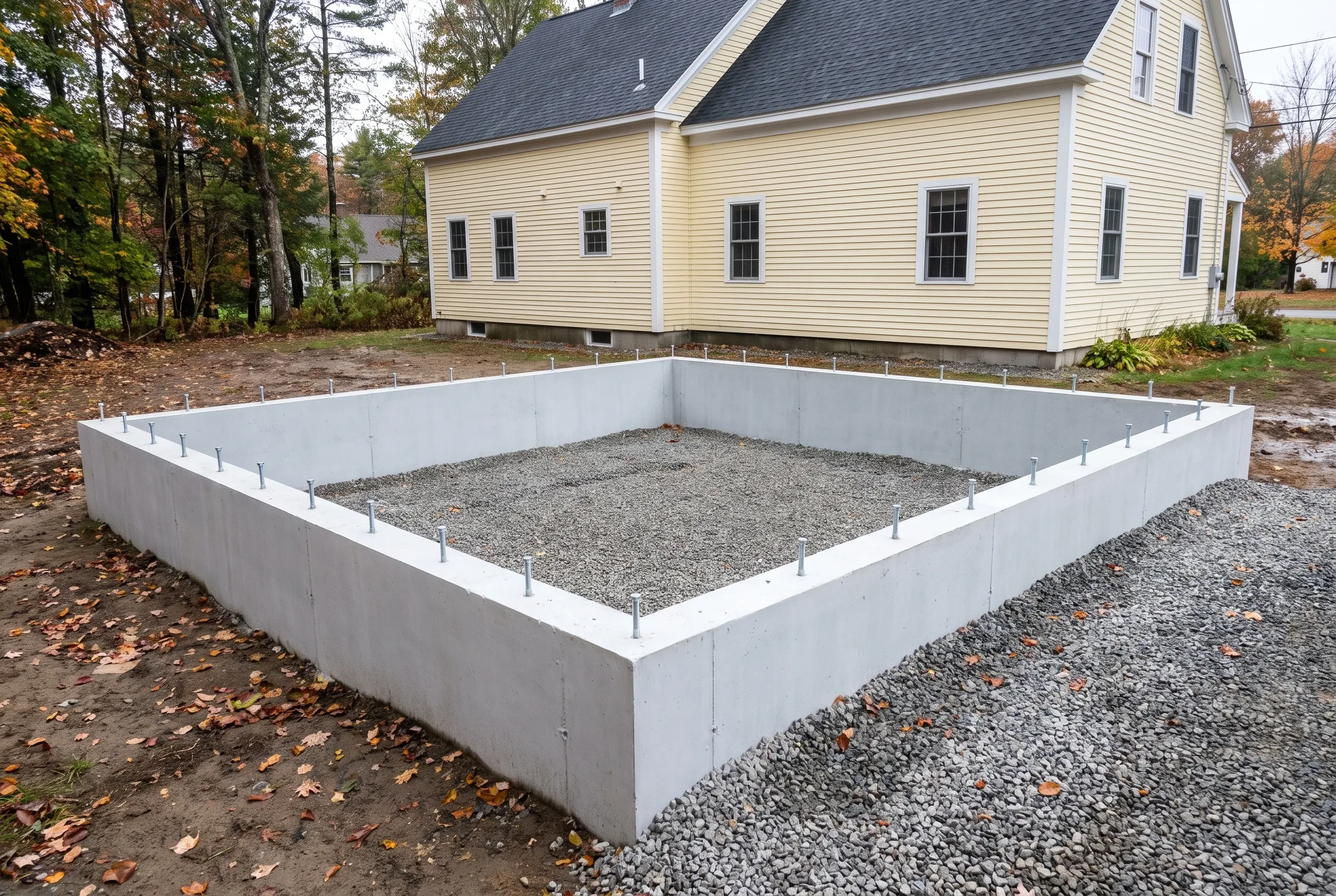 Concrete Foundation for House Addition in Augusta, ME: White concrete foundation walls with gravel base next to cream-colored house with dark roof and multiple windows surrounded by autumn trees.