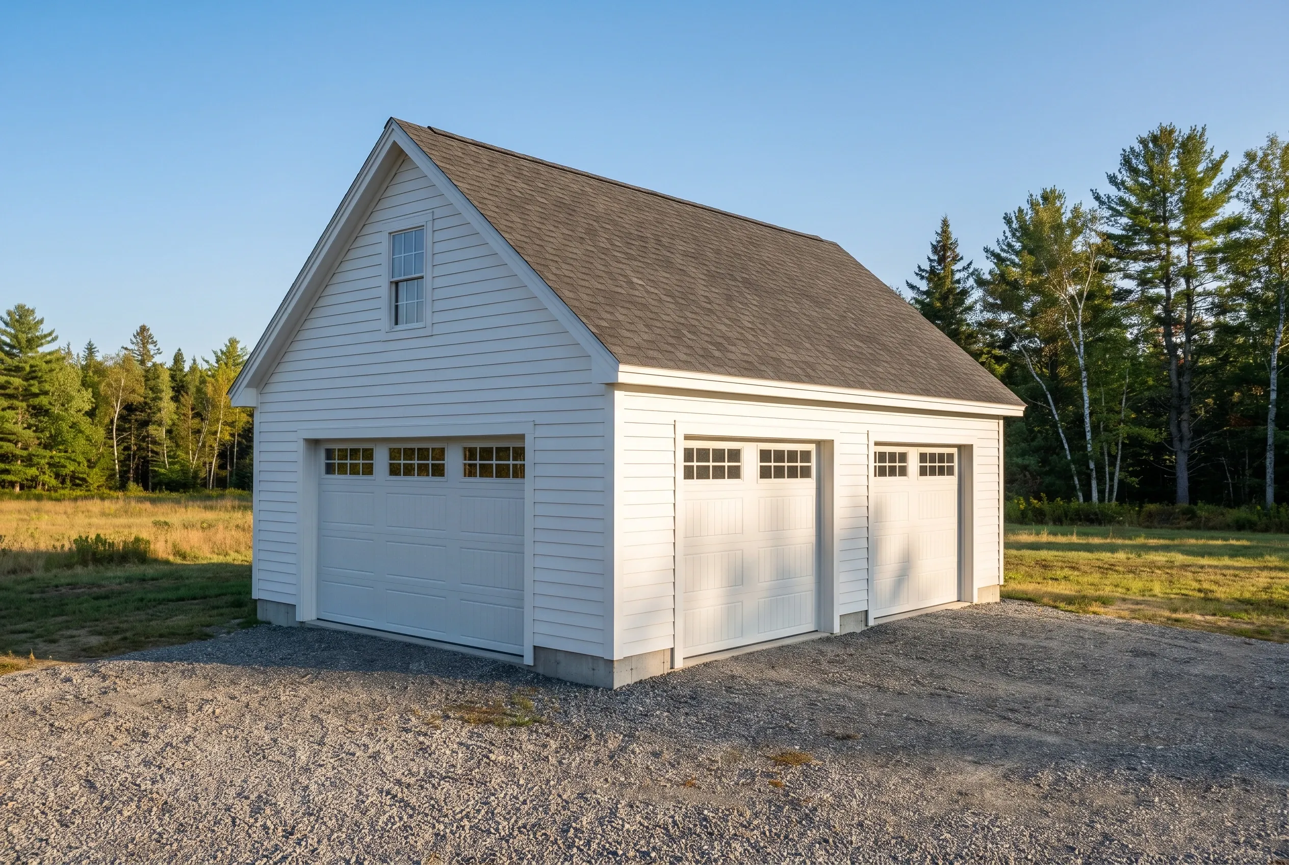 Two-bay garage in Augusta, ME: White vinyl-sided two-bay garage with gabled roof and shingled roof, situated on gravel driveway with forested background.